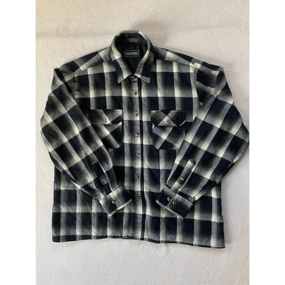 80s Woodland Mens Extra Large Flannel Shirt Black White Plaid Lined Heavyweight